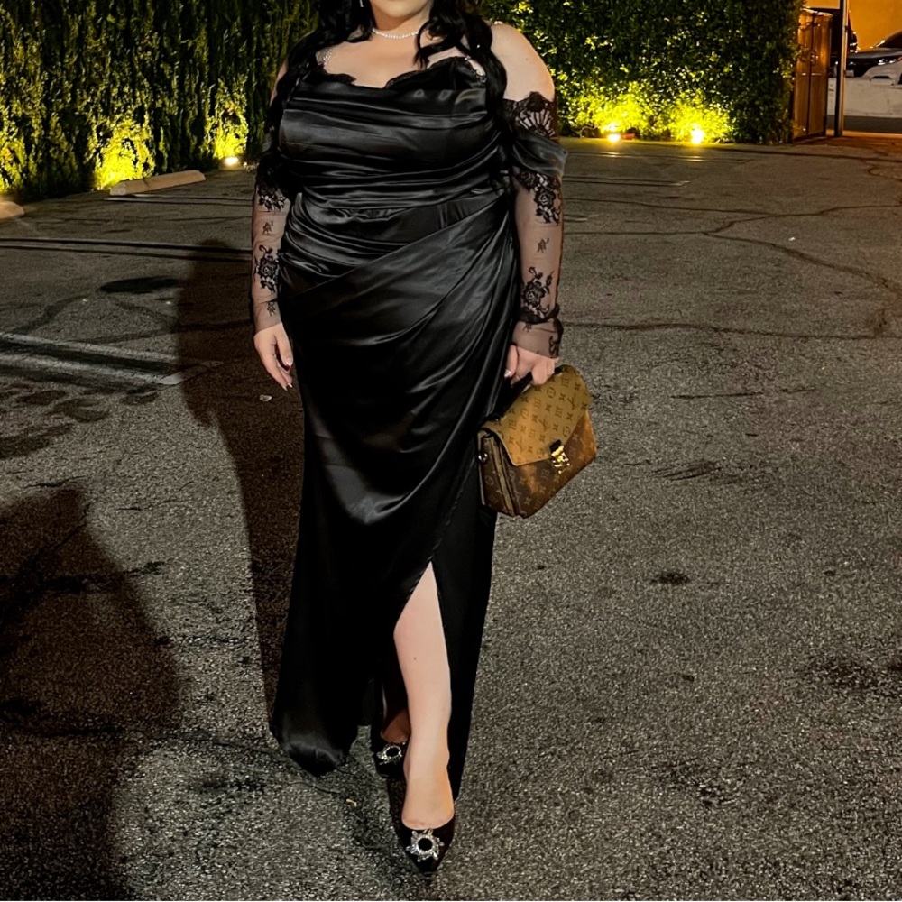 Satin Black dress with lace arms